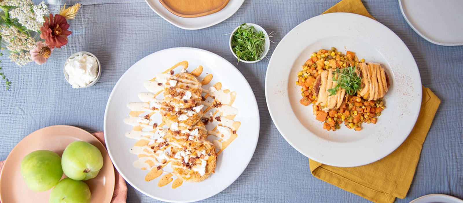 Gulf Lump Crab Cakes, Fried Green Tomatoes, and Sweet Potato Succotash